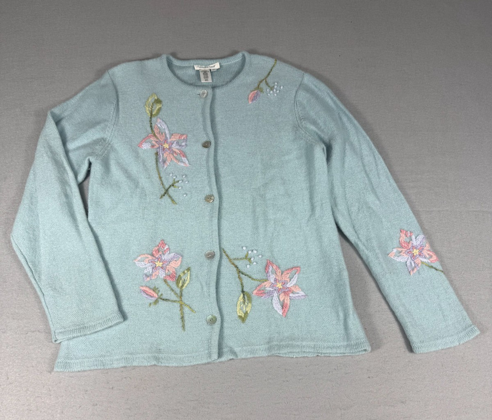 Vintage Coldwater Creek 100% Wool Cardigan Sweater Womens L Light Blue Floral